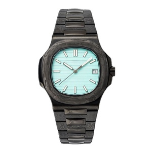 Montre de luxe de qualité supérieure avec cadran rayé vert menthe, boîtier octogonal en fibre de carbone, motif marbré, date automatique, étanche - Product Image 1