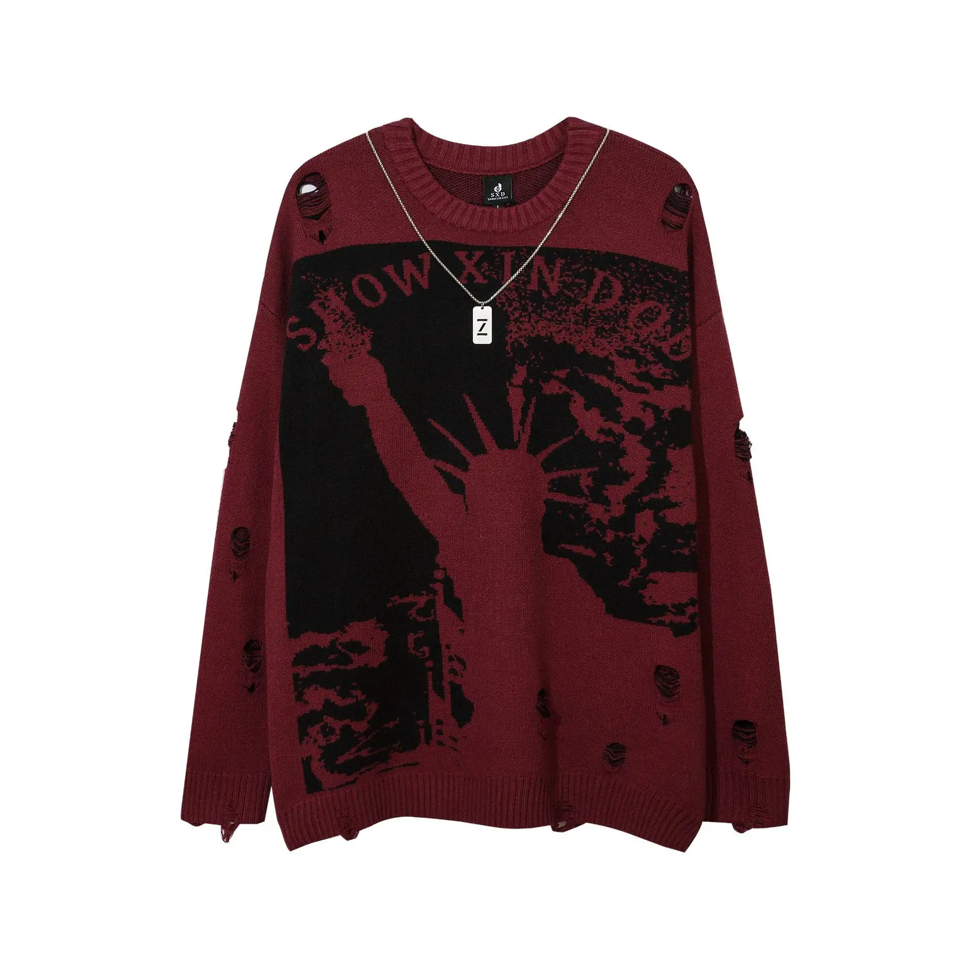 High Street Custom Jacquard Woven Ripped Knitted Sweater Hiphop Oversized Knitwear Men
