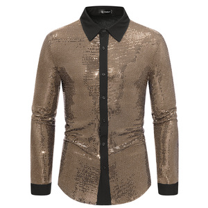 Ready to Ship Clubwear Dance Performance <strong>Shirts</strong> for <strong>Men</strong> Long Sleeve Shiny Glitter <strong>Sequin</strong> <strong>Shirt</strong> - Product Image 1