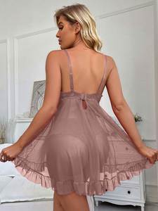 Ensemble 2 pièces de lingerie de nuit en dentelle pour femme, nouveau pyjama vert exquis, nuisette transparente fendue, ensemble soutien-gorge et culotte à col en V - Product Image 3