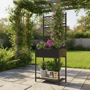 Fioriera Nera Autoportante in Vimini con Spalliera per Piante Rampicanti, Scaffale da Giardino per Esterni - Product Image 2