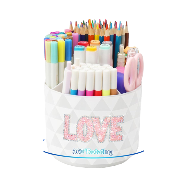 Elegant Design Desk Organizer Diamond-Patterned 5 Compartments Makeup Holder Office Rotating Pencil Pen Holders