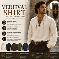 Kemeja Abad Pertengahan Pria dengan Tali di Leher V, Lengan Panjang, Kostum Bajak Laut Renaisans, Tampilan Linen, Tunik untuk LARP, Cosplay, dan Pakaian Festival