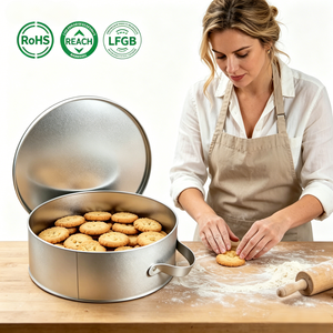 Premium Large <strong>Round</strong> Metal Cookie <strong>Tin</strong> With Handle Durable Galvanized <strong>Cake</strong> Storage Box LFGB Certified Food Safe Wholesale - Product Image 1