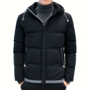 Nueva Chaqueta larga de invierno para hombre de moda térmica con capucha de moda con cuello levantado y cierre de cremallera con logotipo frontal - Product Image 1