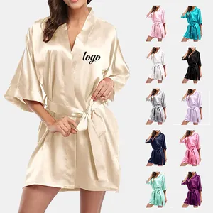 NANTEX Grosir Kustom Pakaian Tidur Wanita Jubah Pengiring Pengantin Pendek De Satin Pernikahan Peignoir Kimono Satin Jubah