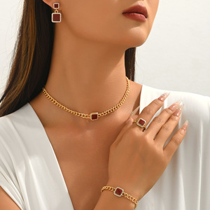 Geometric Necklace <b>Set</b> Gold Tone Square <b>Crystal</b> Pendant Earrings Ring Bracelet Party Jewelry Women Fashion - Product Image 1