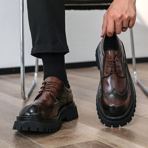 2026 Trendy Men's Round Toe Leather <b>Shoes</b> Thick Sole <b>Height</b> <b>Increasing</b> Black Business Formal Brogue <b>Shoes</b> - Product Image 1