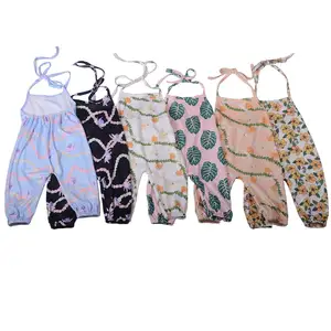 Stock Baby Summer Hawaiian Floral Printed Rope Bubble Pure Cotton Leo Baby Adjustable Straps Trousers Romper