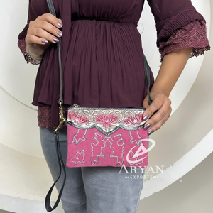 New Pink Lotus Design Hand Tooled Suede Leather <b>Crossbody</b> <b>Mini</b> <b>Bag</b> High Quality Women Vintage Style Wristlet Zipper Sling <b>Bags</b> - Product Image 1