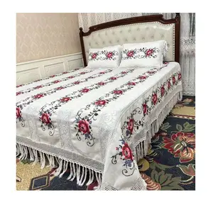 Vintage bedding Wedding bed sheet Folk Decorative house Handmade item Needlepoint hand embroidered Lace bedding set