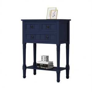 Navy Narrow Console <b>Table</b> With Three Drawers And Bottom Shelf Slim Sofa <b>Table</b> For Living Room Easy Assembly - Product Image 1