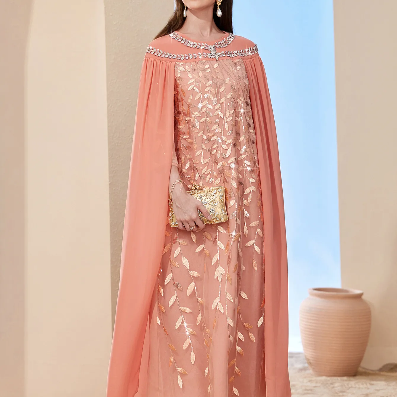 शरद ऋतु की महिलाएं सेक्सी स्लिम रैप लीफ मेश कढ़ाई वाली फैशन क्लोक ड्रेस दुबई ड्रेस पहनती हैं