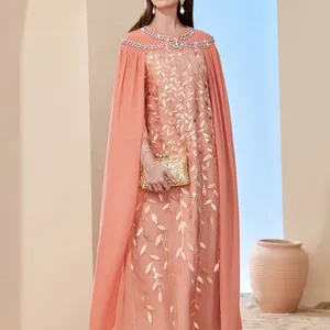 Herbst Damen tragen sexy Slim Wrap Blatt Netz bestickt Mode Umhang Kleid Dubai Kleider