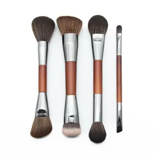 Professional 8-Piece Dual Ended Makeup Brush Set Multi Usage With Gunmetal Ferrule Brown Wood Handle For Powder Foundation Brow