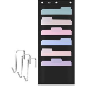 Hanging Wall File Organizer 6 Pocket Black Over Door Storage With 3 Stainless Steel Hangers For Office Home Use - Product Image 1
