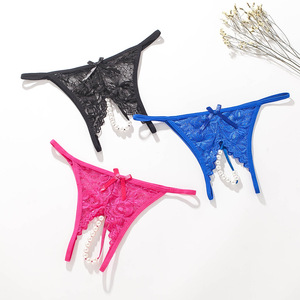 HD196 Sexy Pearl Massage Sous-vêtements ouverts pour femmes Transparent Low-Rise Tricoté Écologique Respirant Strings - Product Image 3