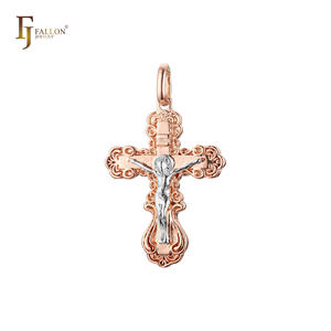 Joyería de Moda FJ Fallon, Colgante de <span class=keywords><strong>Cruz</strong></span> <span class=keywords><strong>Ortodoxa</strong></span> <span class=keywords><strong>Rusa</strong></span> con Capullo, Chapado en Oro Rosa, Base de Latón de Dos Tonos - Product Image 3