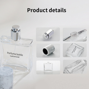 Flacon de <span class=keywords><strong>parfum</strong></span> de luxe 30 ml en verre transparent carré plat avec bouchon marbré, pulvérisateur à pompe, rechargeable, impression sérigraphique, gravure, finition argentée - Product Image 4