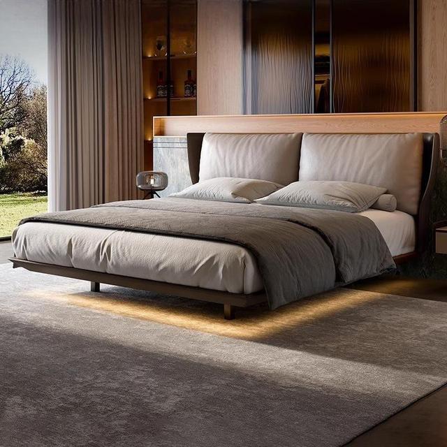 Modern Minimalist Floating Double Bed with Soft Leather Wood Frame LED Lights Eco-Friendly & Durable Master Bedroom Furniture