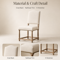 Chaise de salle à manger rembourrée de style Empire français moderne avec dossier en camelback, dossier encastré, garniture cloutée et pieds en bois tourné pour salles à manger domestiques