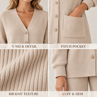 Ensemble 2 pièces en tricot côtelé pour femme, cardigan à col en V avec boutons et poches, et pantalon large assorti pour la détente à la maison