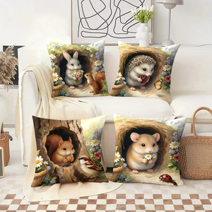 Hewan hutan yang menggemaskan di sarang yang nyaman dengan bunga dan teman-teman alam di bantal hias. - Product Image 2