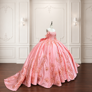 Robe de bal de Quinceañera de luxe Lsmc142 rose corail, longue, avec appliques aux épaules, corset perlé, en satin, motif floral - Product Image 2