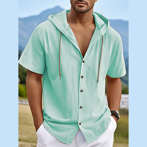 Camisa <span class=keywords><strong>Casual</strong></span> Masculina ChenYue em Algodão e Linho, Cardigã de Manga Curta, Moletom com Capuz, Respirável, Tamanho Europeu Oversized - Product Image 4