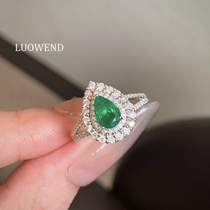 Anillo <span class=keywords><strong>de</strong></span> <span class=keywords><strong>Esmeralda</strong></span> Natural Real <span class=keywords><strong>de</strong></span> Oro Blanco <span class=keywords><strong>de</strong></span> 18K LUOWEND, Joyería Fina para Mujer - Product Image 1