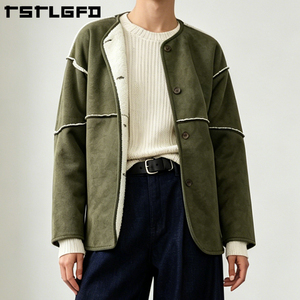 Chaqueta de ante vegano reversible para hombre, verde oliva, con costuras sin rematar, doble cara, para invierno, venta al por mayor - Product Image 6