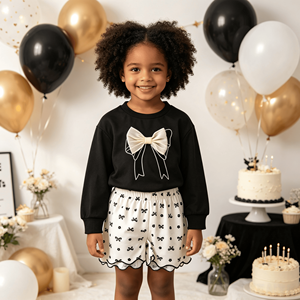 Completo Casual da Ragazza: <span class=keywords><strong>Felpa</strong></span> a Maniche Lunghe con Collo Rotondo e Fiocco 3D in Organza, Pantaloncini con Stampa Mini Fiocchi e Orlo Ondulato - Product Image 1