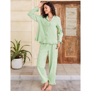 FOXA Womens Striped Pajama Set 2 Piece Cotton Button <b>Down</b> Top Straight Leg <b>Pants</b> With Pockets Sleepwear - Product Image 5