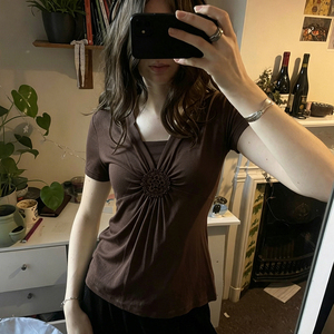 Camiseta de Mujer Marrón con Cuello Cuadrado y Manga Corta, Fruncida, de Color Liso, Tejido Casual, Ajuste Regular, Estilo Y2K, Ecológica, Primavera - Product Image 6