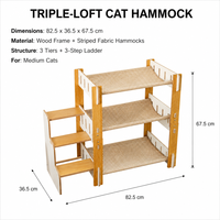 Hamac pour chat à trois niveaux avec cadre en bois, lit pour chat à 3 étages avec échelle, hamacs en tissu rayé, gain de place pour chats de taille moyenne