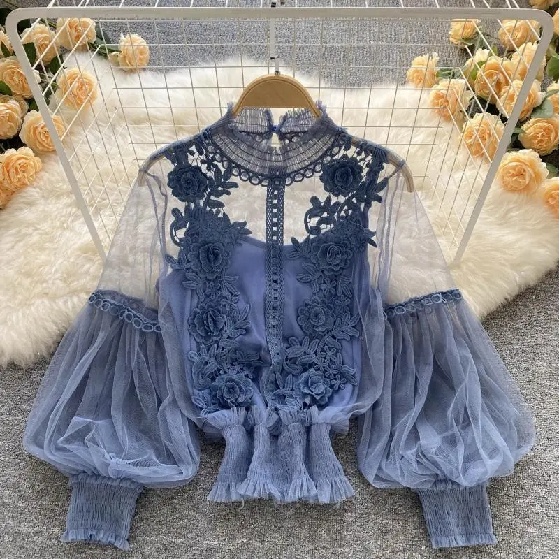 Fashion casual ladies elegant sexy mesh lace top 3D flower see through transparent long puff sleeve women's blouses shirts
