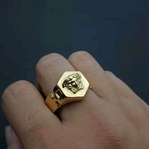 Hexagon Gold Plated <b>Ring</b> With Lion Head Design Unisex Party Jewelry - Product Image 4