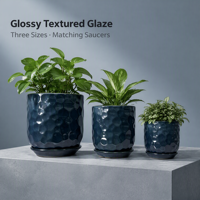 Ensemble de 3 pots de fleurs en céramique bleu profond, texturés brillants, avec soucoupes, pour la décoration intérieure de la maison et du bureau