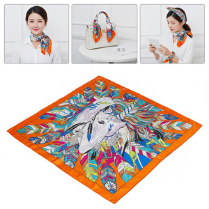 Foulard en soie motif licorne orange vif, carré de 90 cm, en satin, pour <span class=keywords><strong>femme</strong></span>, à porter au poignet ou comme bandeau - Product Image 1