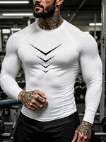 T-shirt athlétique respirant à manches longues et col rond pour homme, coupe ajustée, imprimé graphique géométrique unique, évacuation de l'humidité