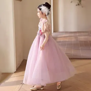 Robe de princesse à manches courtes pour filles, robe fleurie en maille à la mode, robe de luxe pour enfants