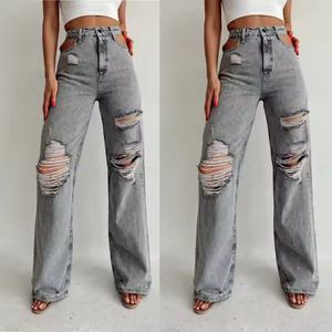 Novedad de Otoño: Jeans de Cintura Alta con Etiqueta Personalizada, Estilo Urbano Vintage, 100% Algodón, Lavado Ácido, Corte Recto, Desgastado - Product Image 1