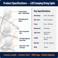 Guirlandes lumineuses LED solaires IP65 étanches, guirlandes lumineuses de type globe, 10 m, 100 LED, pour le camping en plein air, la décoration de jardin, les fêtes