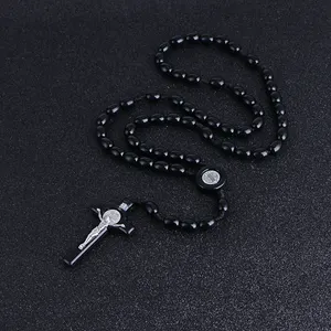 Komi Vintage Religious Beads Catholic Wooden Rosary Necklace Unisex Long Strand Necklaces Jesus Cross Pendant R-024