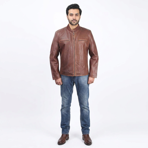 Chaqueta de Cuero Estilo Motero Clásico, Costuras Premium, Transpirable, con Revestimiento, Cómoda, Aspecto Vintage Desgastado, Estilo Urbano para Hombre - Product Image 1