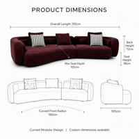 Canapé modulaire incurvé rembourré en tissu bouclé de luxe léger rouge bordeaux, taille personnalisée, meubles de salon