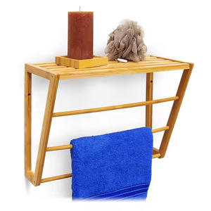 Porte-serviettes mural en bambou avec étagère, 3 barres, organisateur de rangement pour salle de bain, support fixe pour serviettes, design moderne rustique - Product Image 1