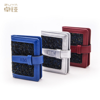Dompet Kartu Mini Berbahan Tweed dengan Glitter, Tali Jepret, Tempat Kartu ID dengan Jendela Transparan, Tempat Kartu Kredit Kecil Wanita, Logo Embos