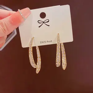 S925 Silver needle Korean fashion network celebrity with the same style of delicate diamond cross earrings