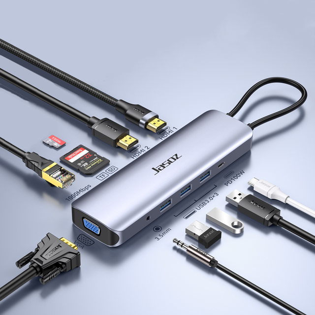 Jasoz H114 11-in-1 USB Type-C Hub with USB3.0 3.5AV PD for VGA SD TF Gigabit RJ45 Ports for Macbook/Switch-in Stock